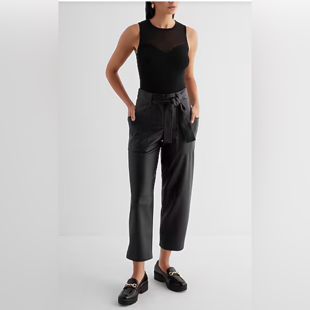 Black Faux Leather‎ Paperbag Waist Straight Leg Cropped Pants with Tie Belt #853